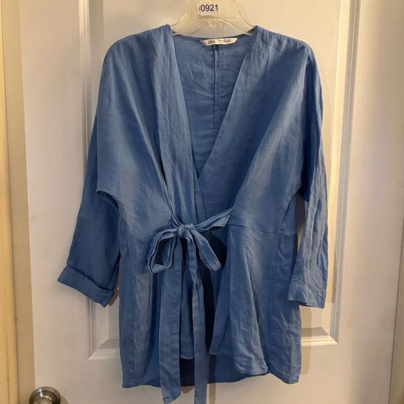 Zara Linen Blue Wrap Top sz L - Picture 2 of 5